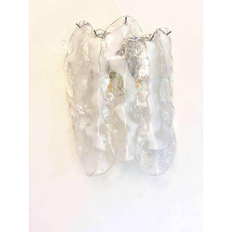Set of Two Transparent and White “Fiamma” Murano Glass Wall Sconces