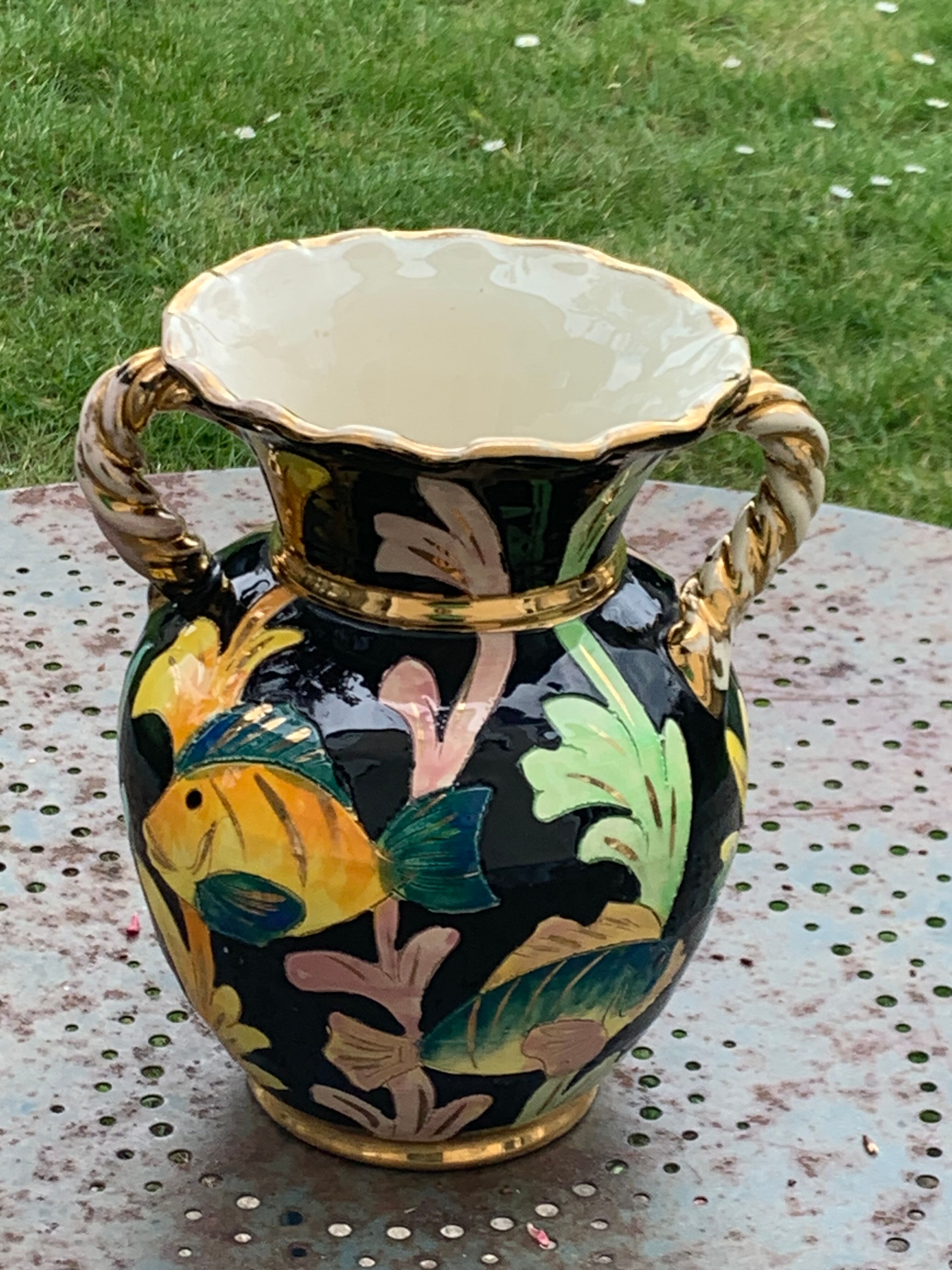 Amphora vase in glazed ceramic vintage vallauris fish motifs