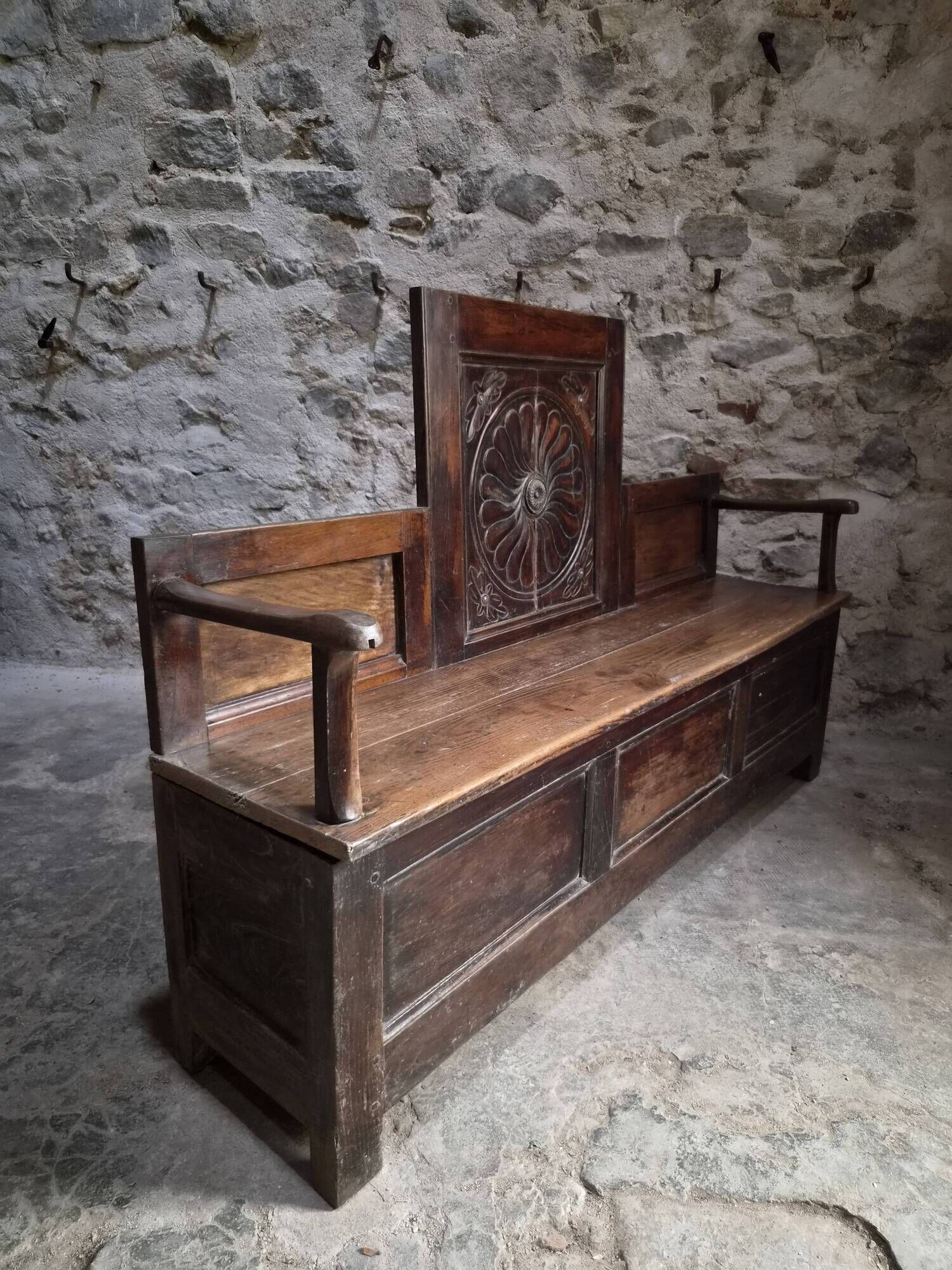 Old French popular art bench from Auvergne, circa 1800–1850