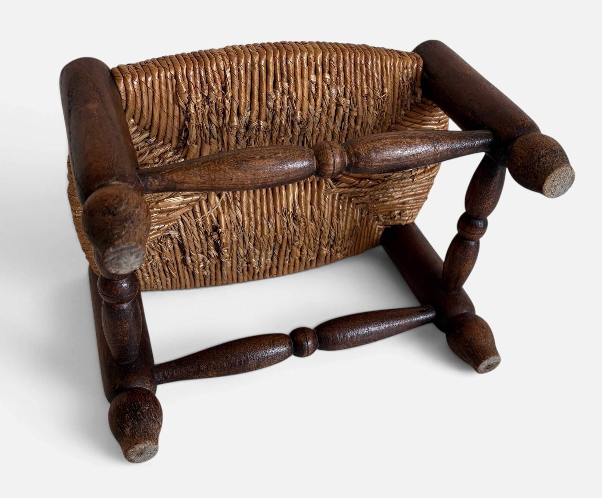 Rustic French Low Footstool in Turned Wood and Rush, Early 20th Century