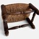 Rustic French Low Footstool in Turned Wood and Rush, Early 20th Century