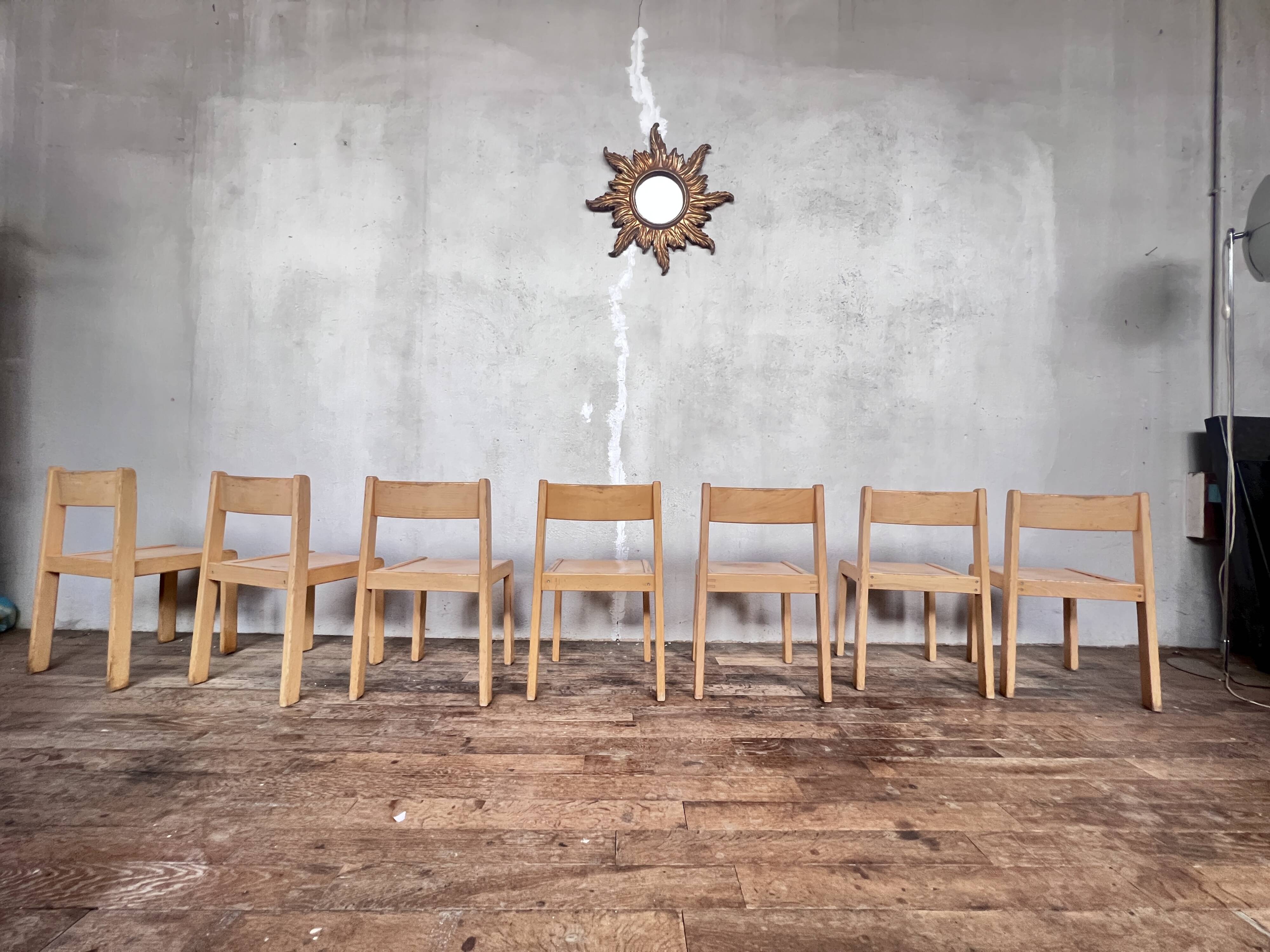 Series of 7 vintage Scandinavian bohemian wooden children's chairs