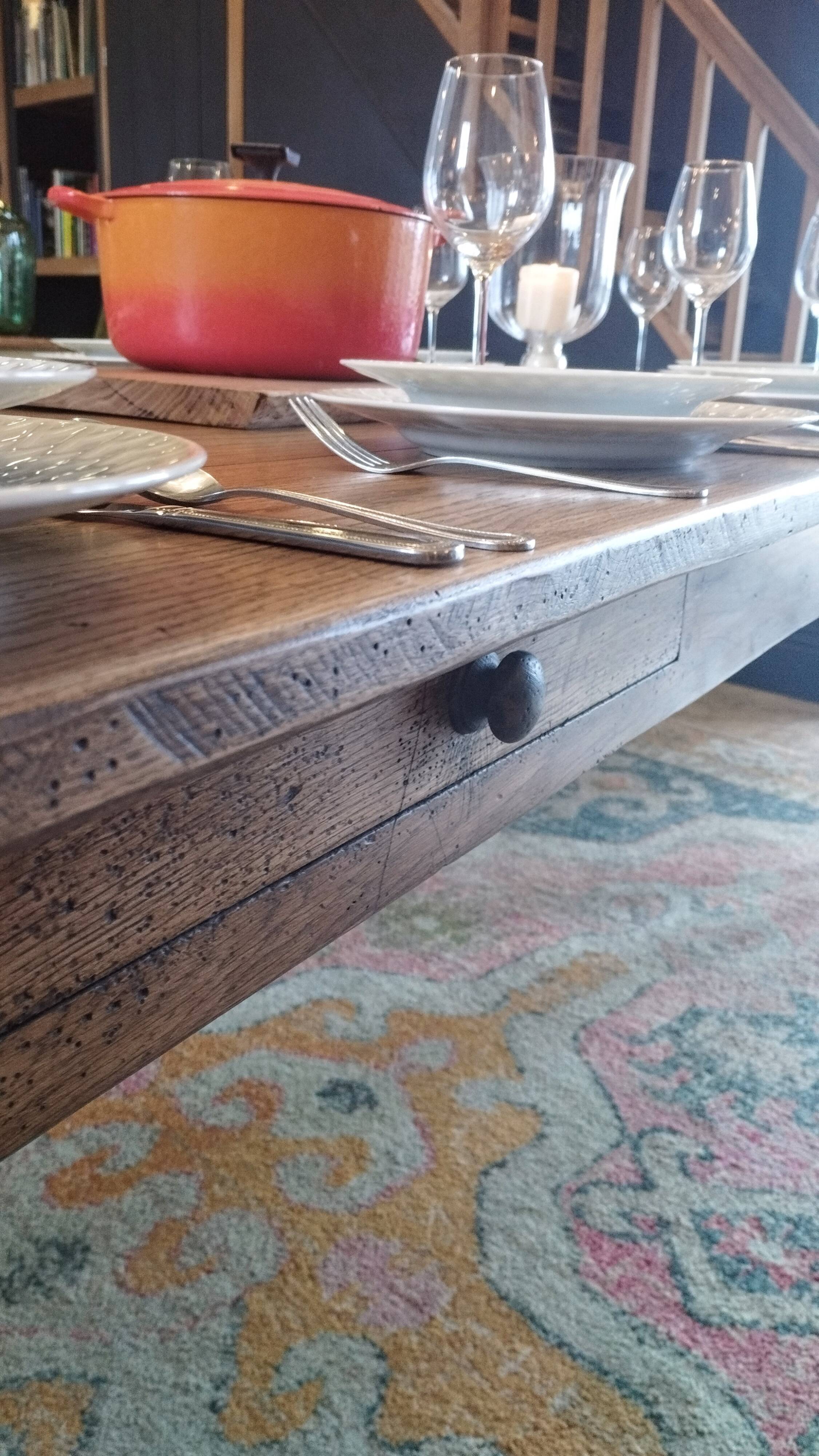 XXL solid oak farmhouse table 260x100 patinated two drawers