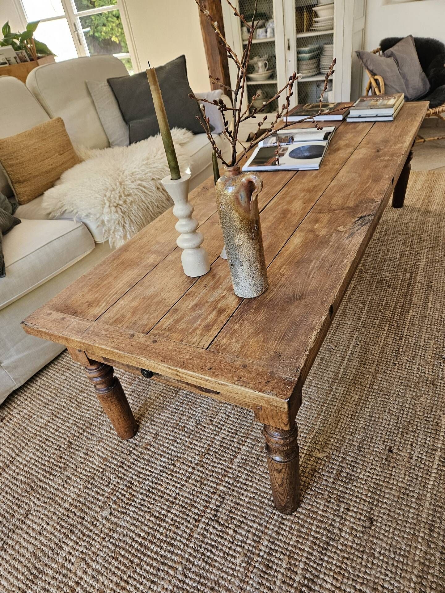 XXL coffee table in solid raw elm wood with 2 drawers, rustic antique.