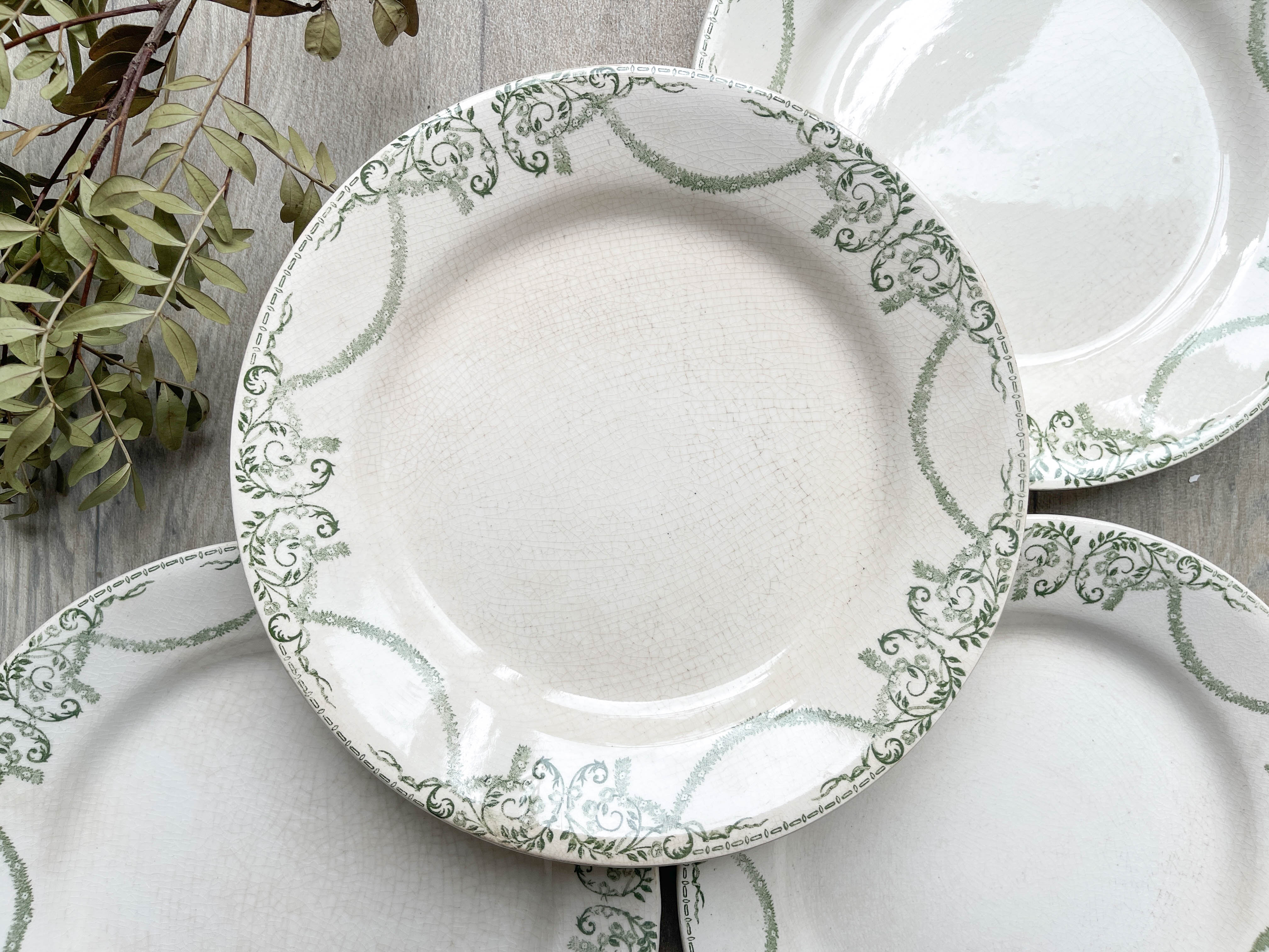 Flat plates terre de fer green creil & montereau labrador model "napoleon" 1890s