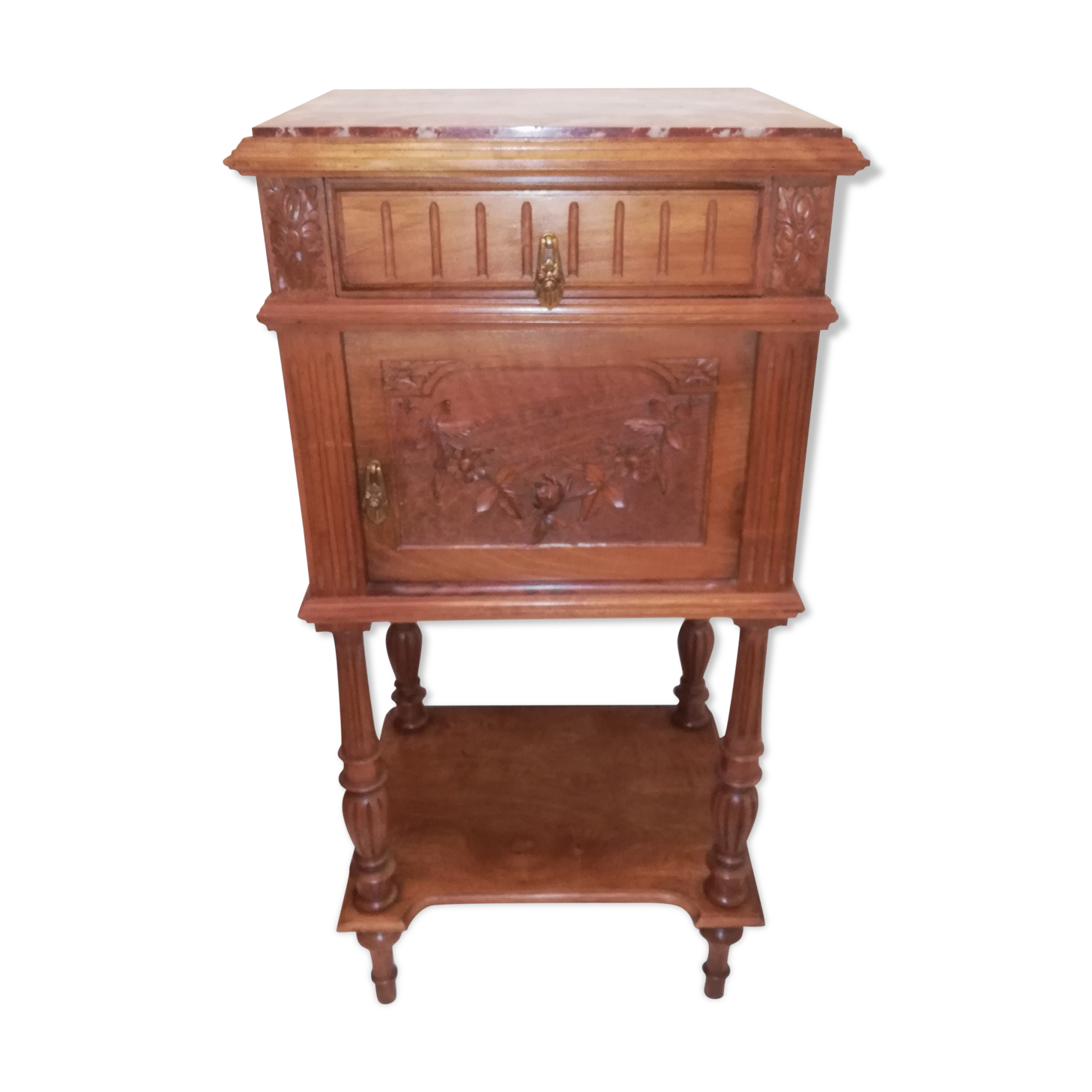 Louis XVI style bedside with marble top and carved door