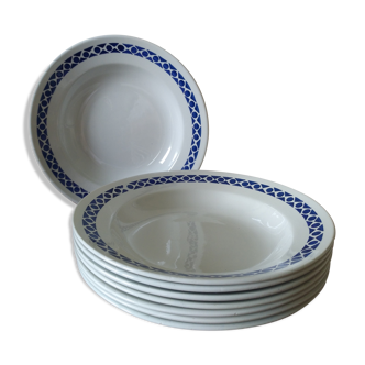 Ensemble de 8 assiettes creuses Pexonne frise géométrique bleue