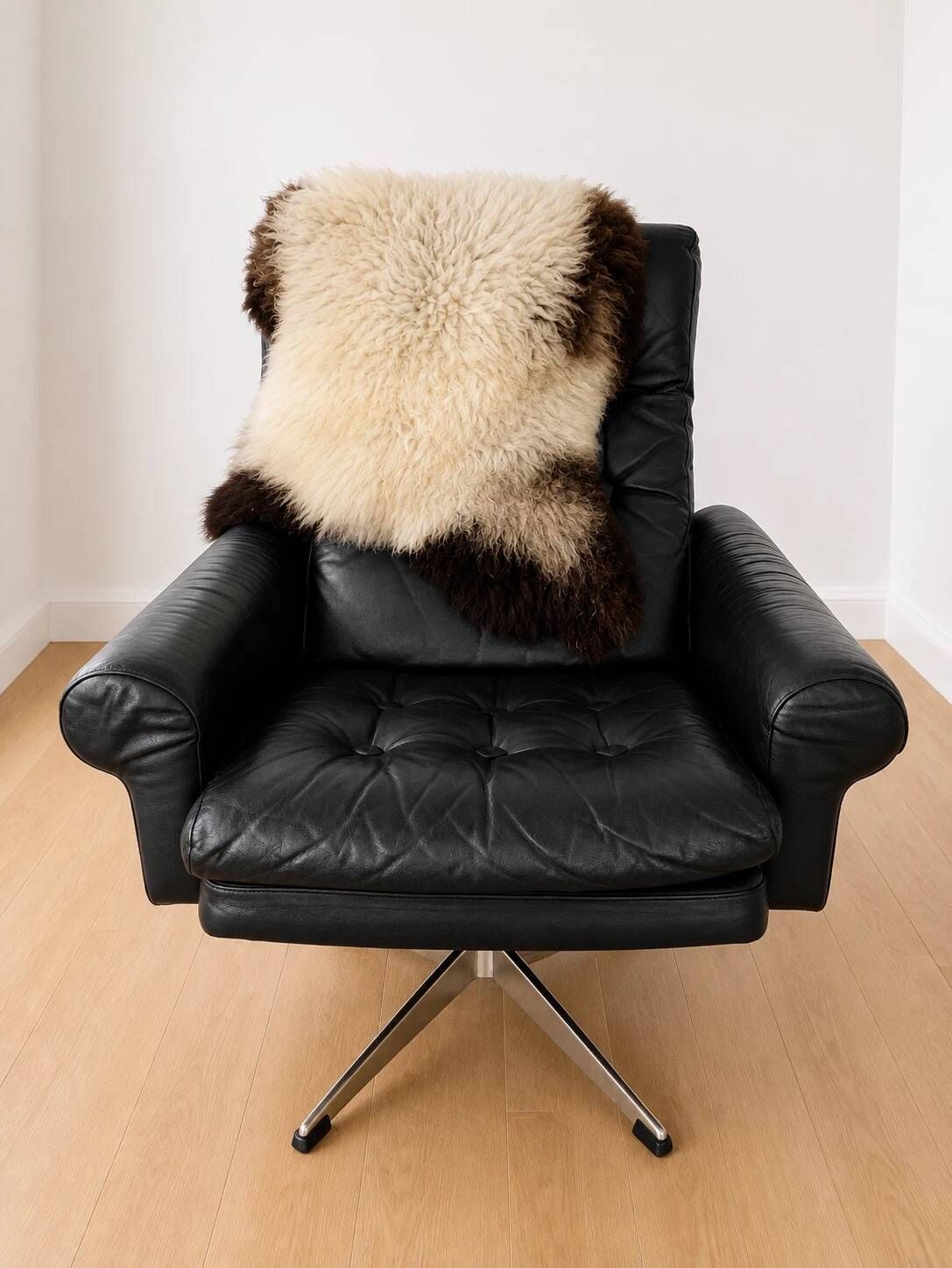 Vintage Danish mid-century black leather swivel chair 1970s