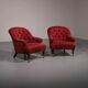 Pair of French red fabric button back armchairs