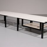 Vintage White Wooden Bench with Black Metal Frame