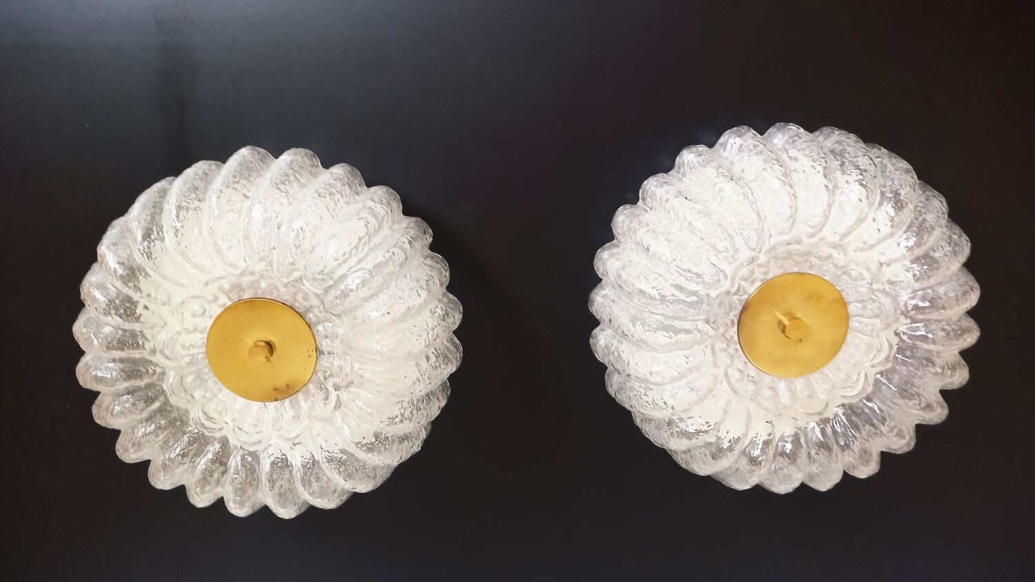 Pair of ceiling lights brass glass Glashütte Limburg Circa 1950
