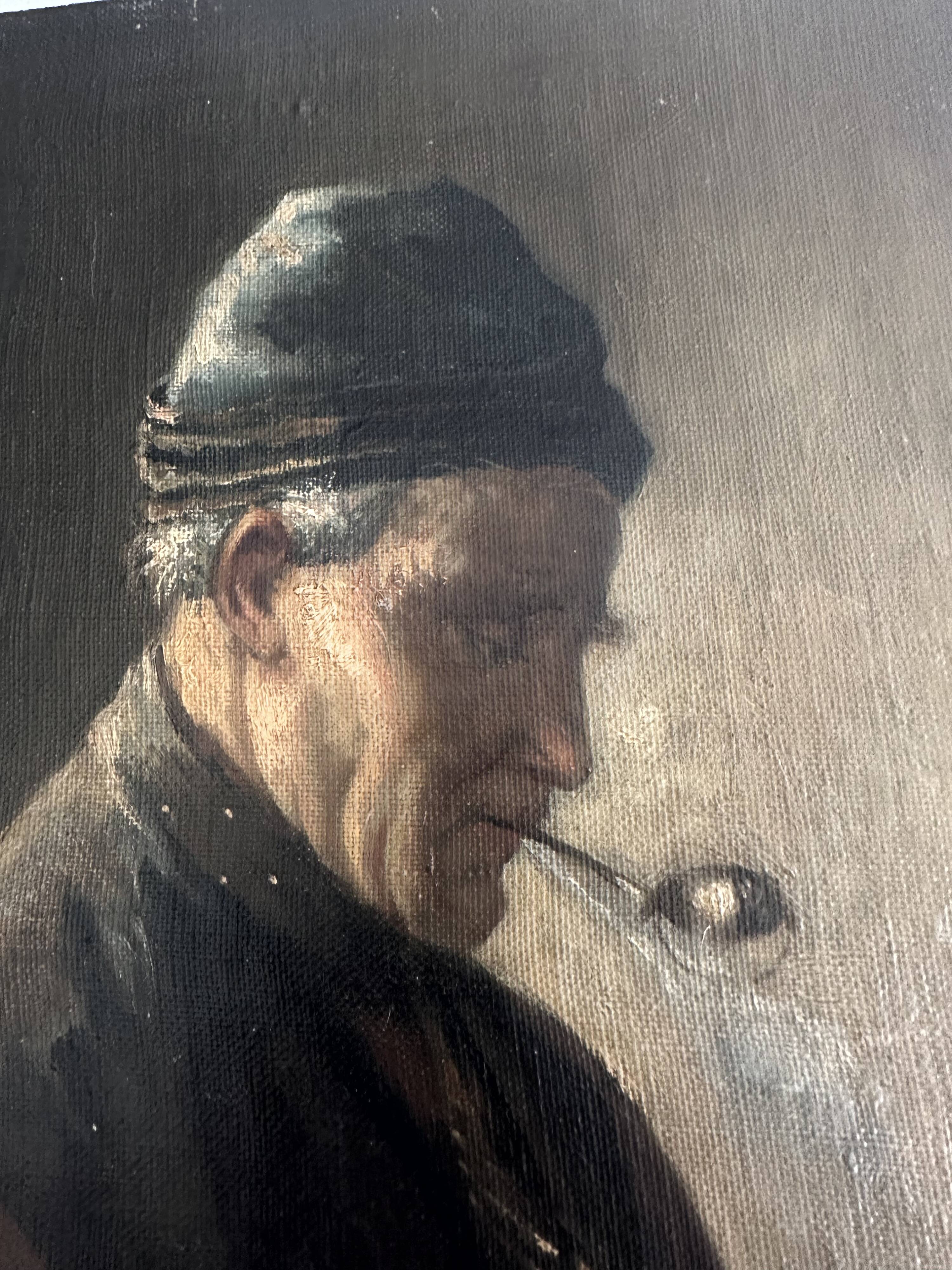 Oil on canvas mounted on oak panel - Portrait of a pipe smoker