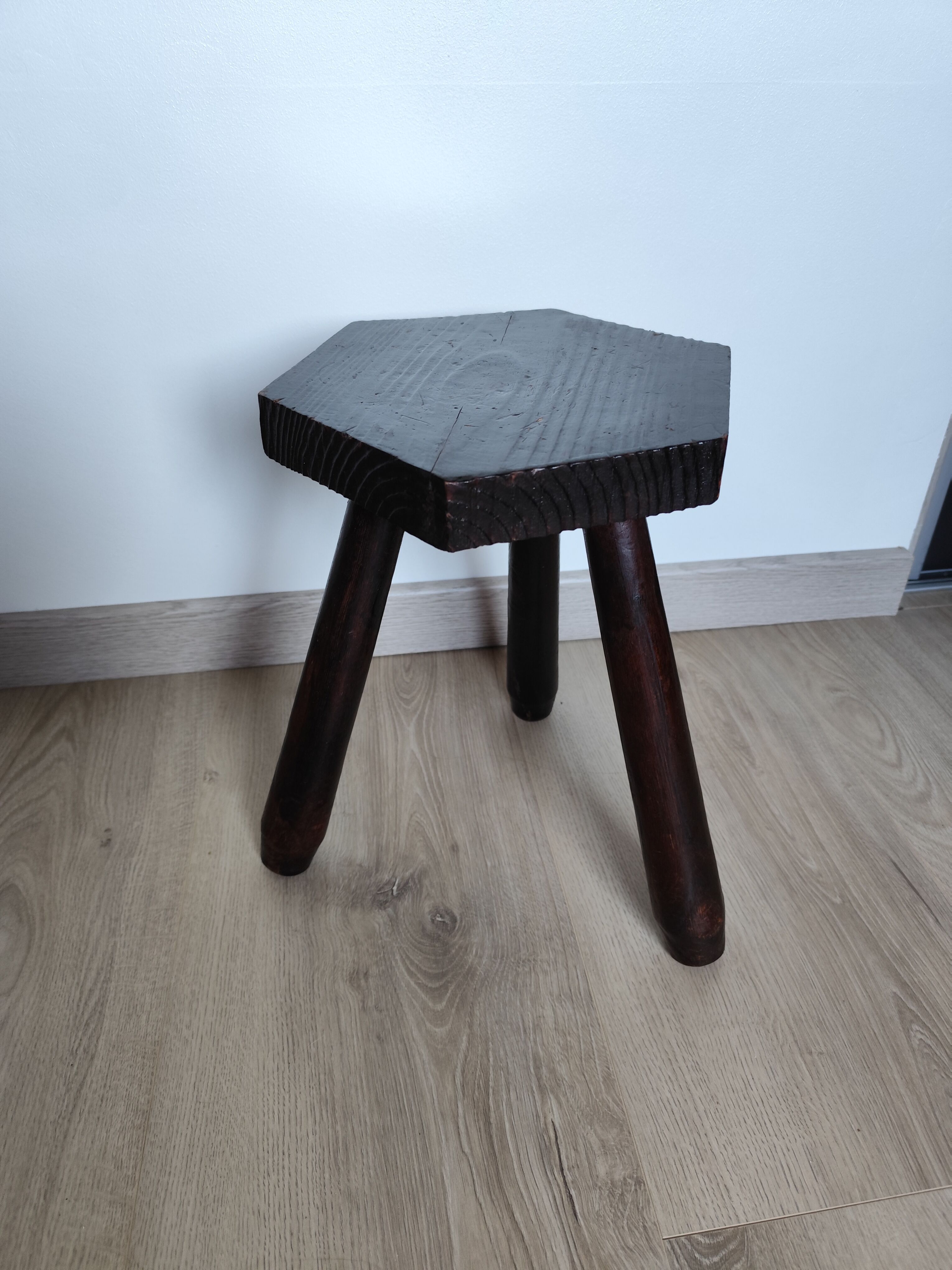 Vintage 1960s Brutalist tripod stool in solid wood