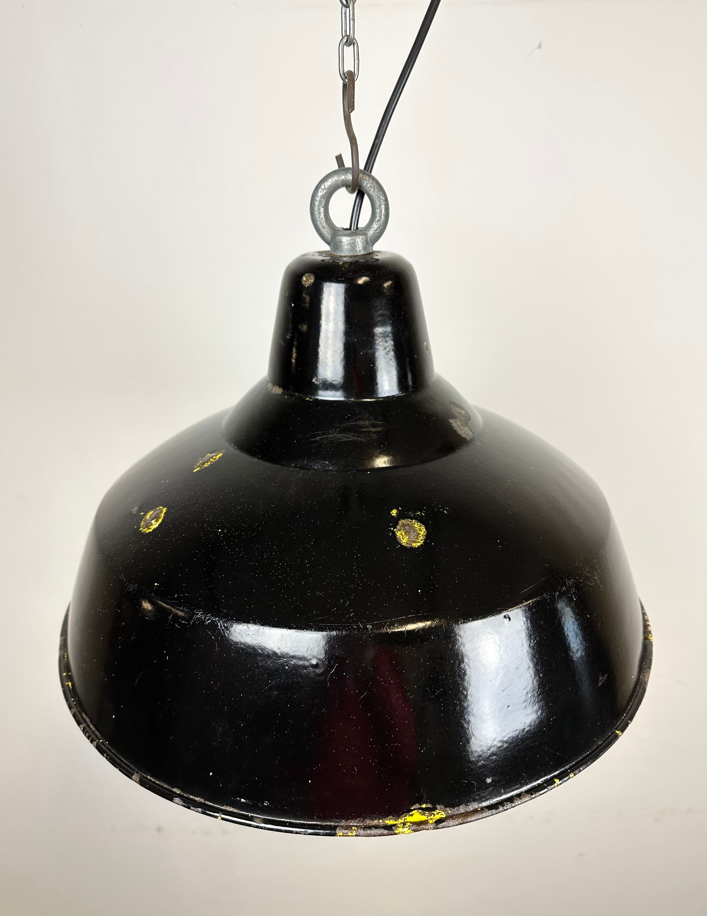 Industrial black enamel factory lamp with iron top, 1960s