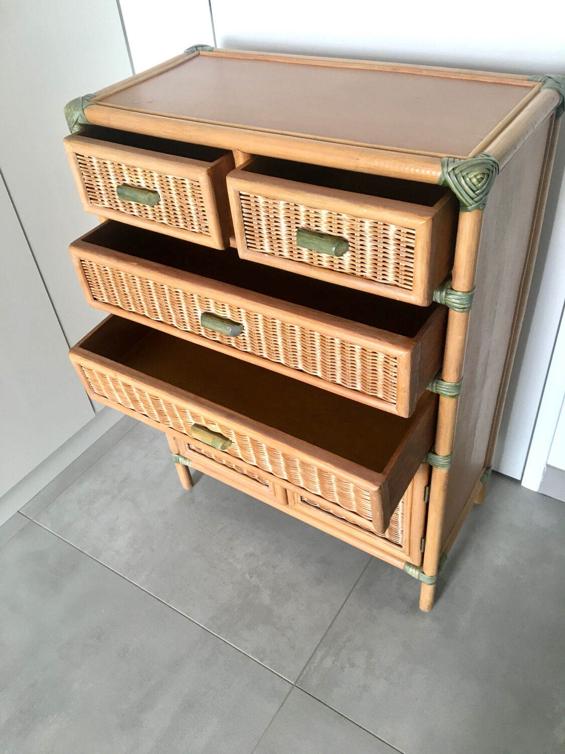 Vintage natural rattan chest of drawers 80s