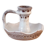 Ceramic Candlestick Holder, Vintage Studio Pottery, White & Brown Speckled