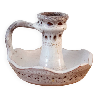 Ceramic Candlestick Holder, Vintage Studio Pottery, White & Brown Speckled