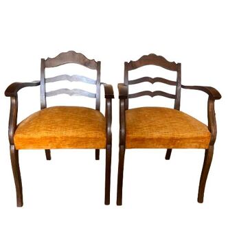 Pair of wooden and velvet armchairs from the 30s and 40s