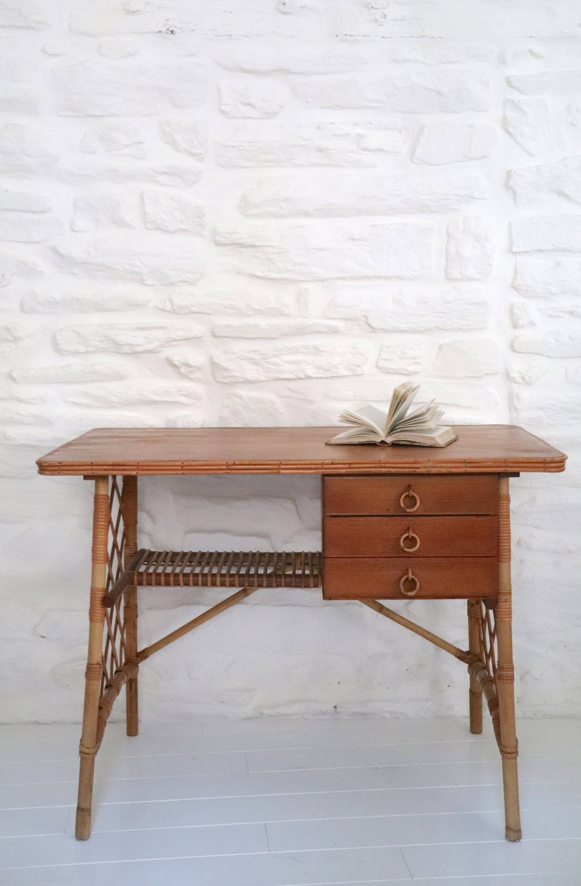 Desk and chair in rattan, Louis Sognot, 1950s-1960s.