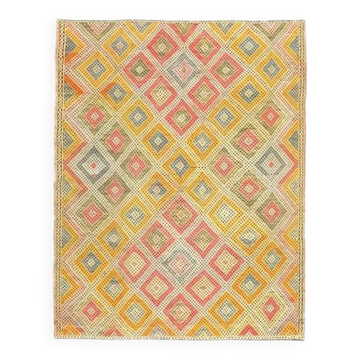Tapis de couloir vintage turc Oushak fait main en laine et coton jaune, années 1970