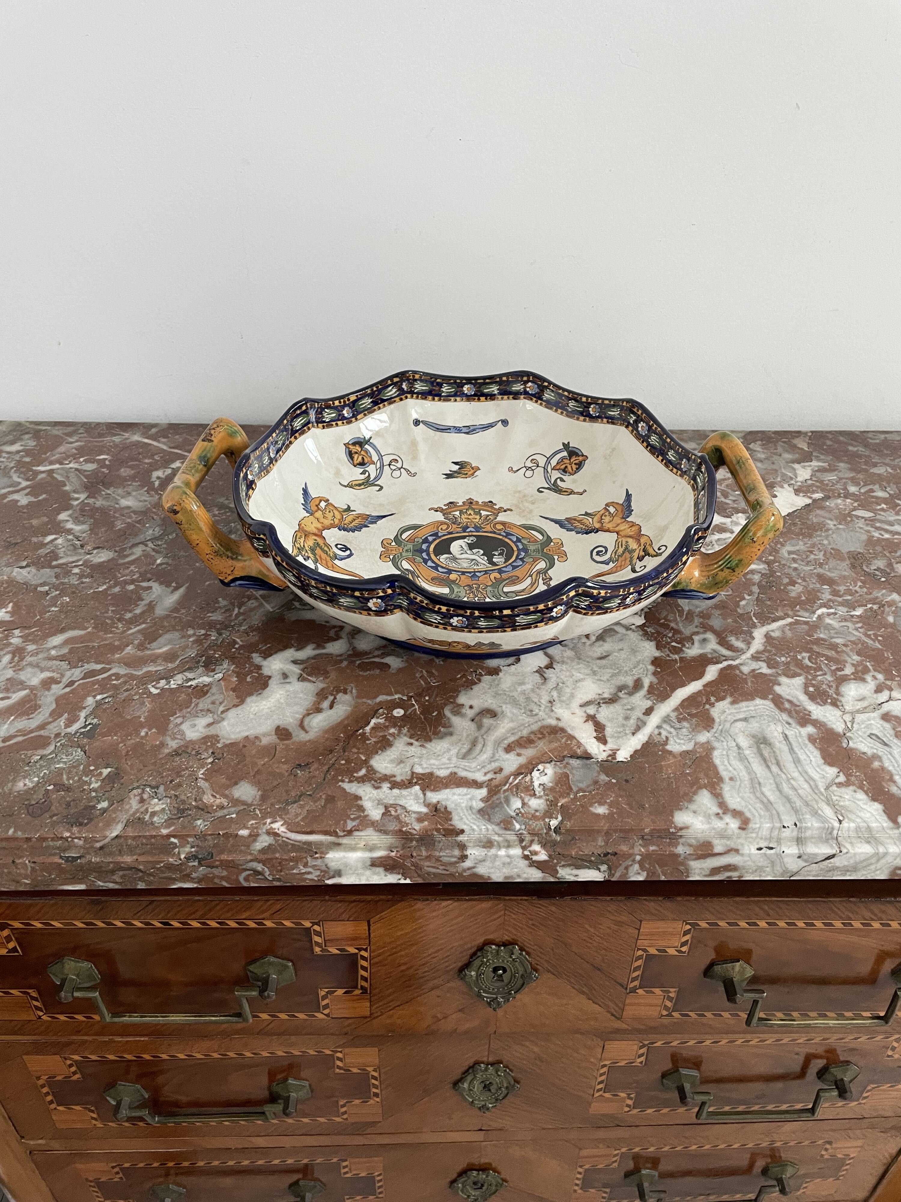 Antique, flat, bowler cup, centerpiece, Gien earthenware, nineteenth century, Renaissance décor