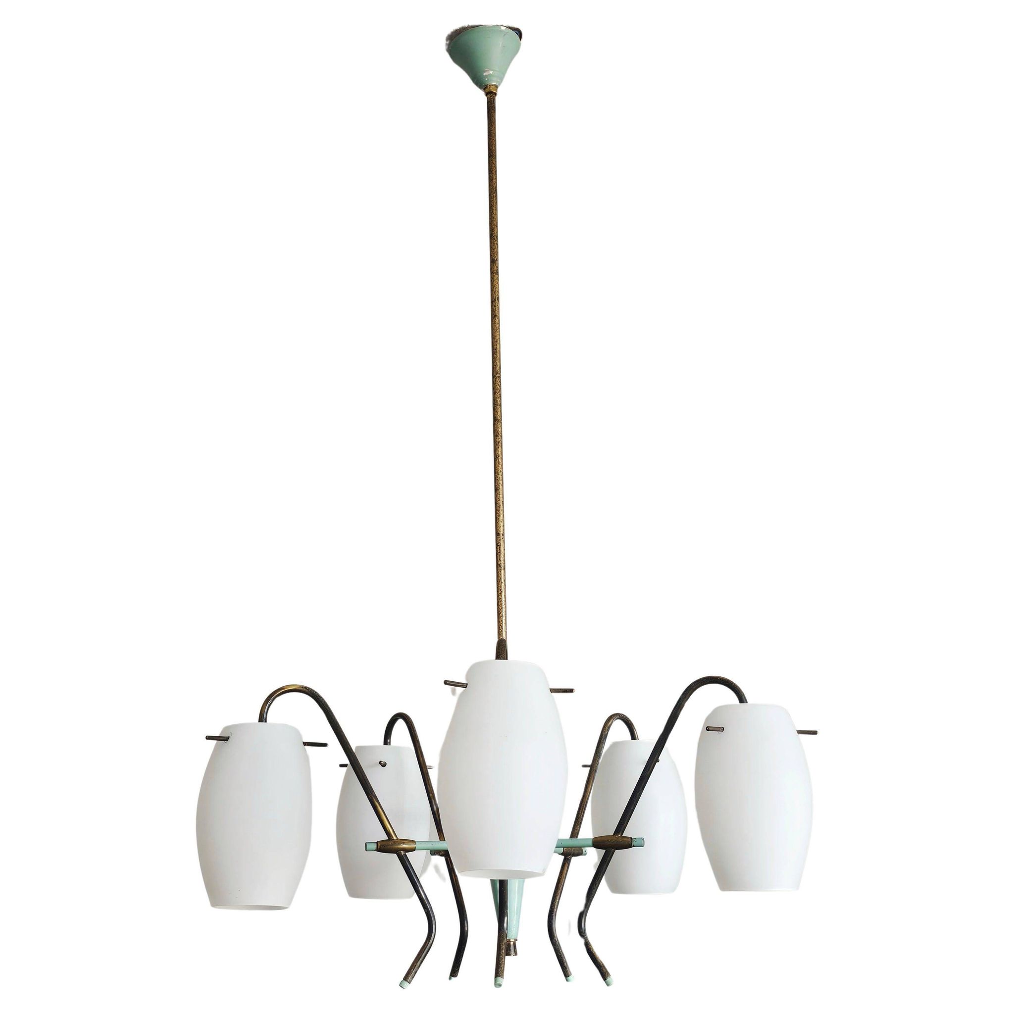 Opaline glass and brass chandelier mid-century Stilux Milano 1950s