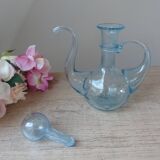 Ensemble Petits Huilier et Vinaigrier en Verre Bullé et Soufflé Bleu Signé Biot