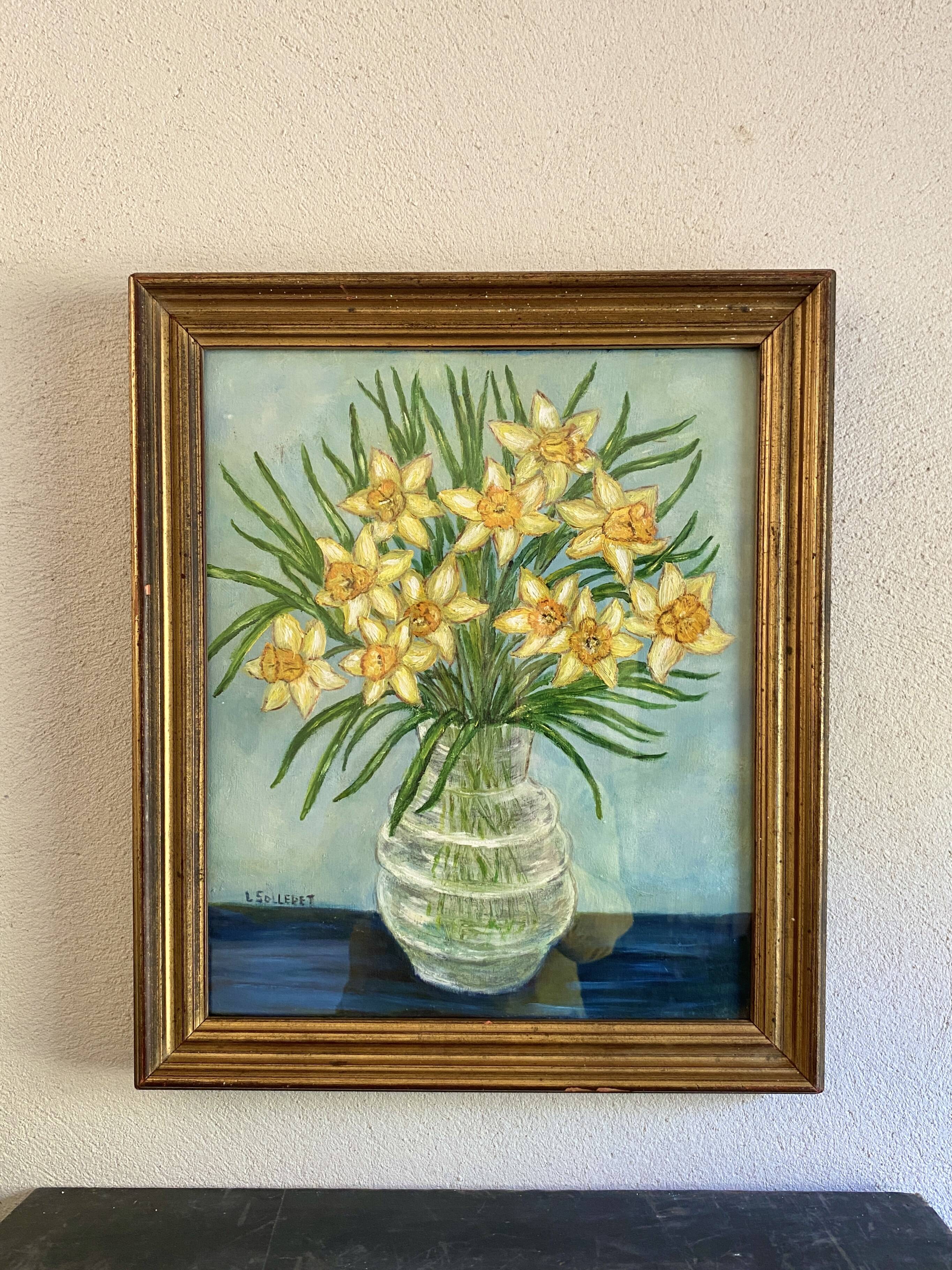 Huile sous verre, cadre en bois doré