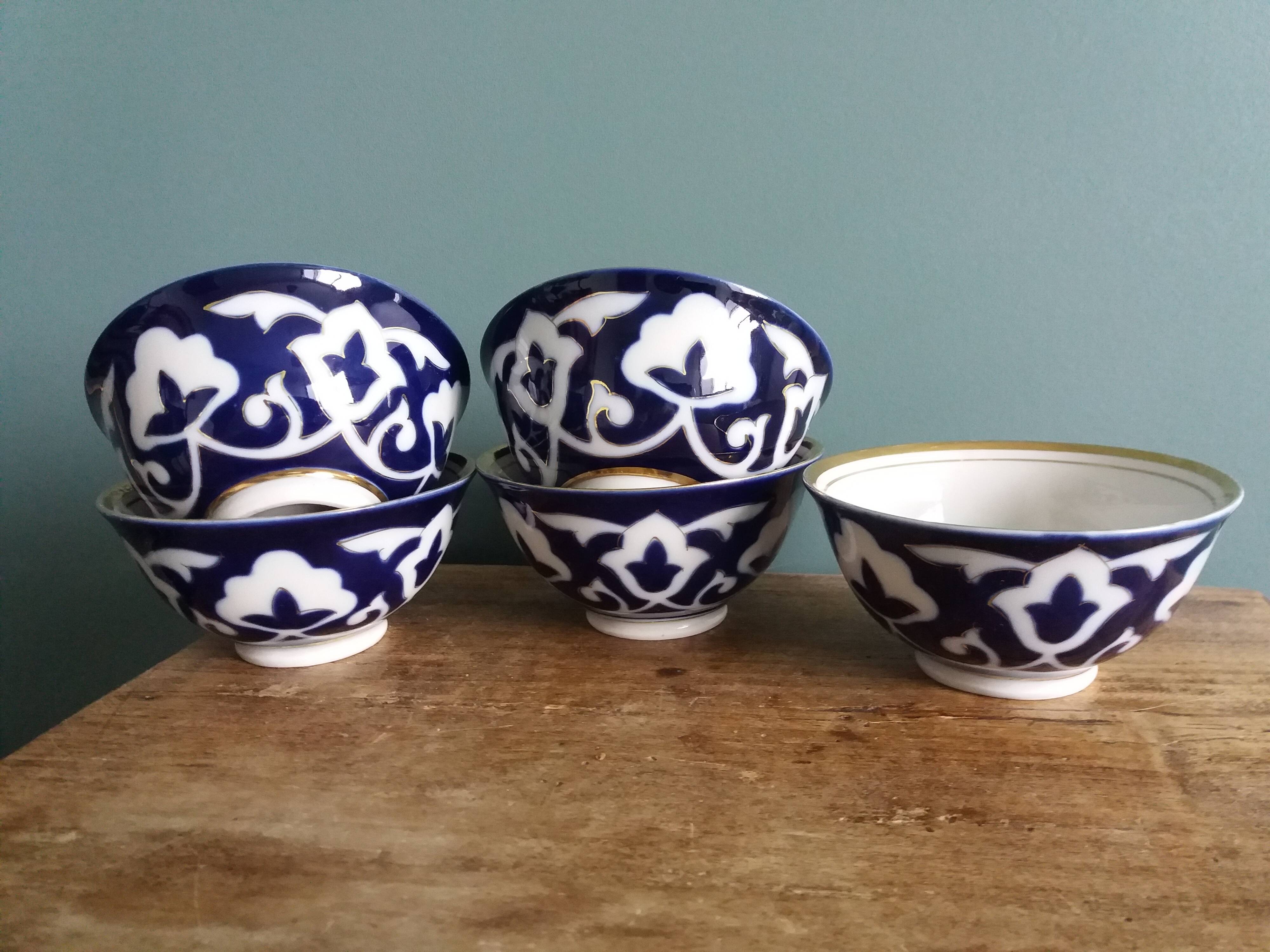 5 Uzbekistan porcelain tea bowls or cups, cobalt and gold decor