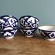 5 Uzbekistan porcelain tea bowls or cups, cobalt and gold decor