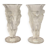 Pair of moulded glass vases Nymphs Bacchantes Lalique Style Detel Art Deco