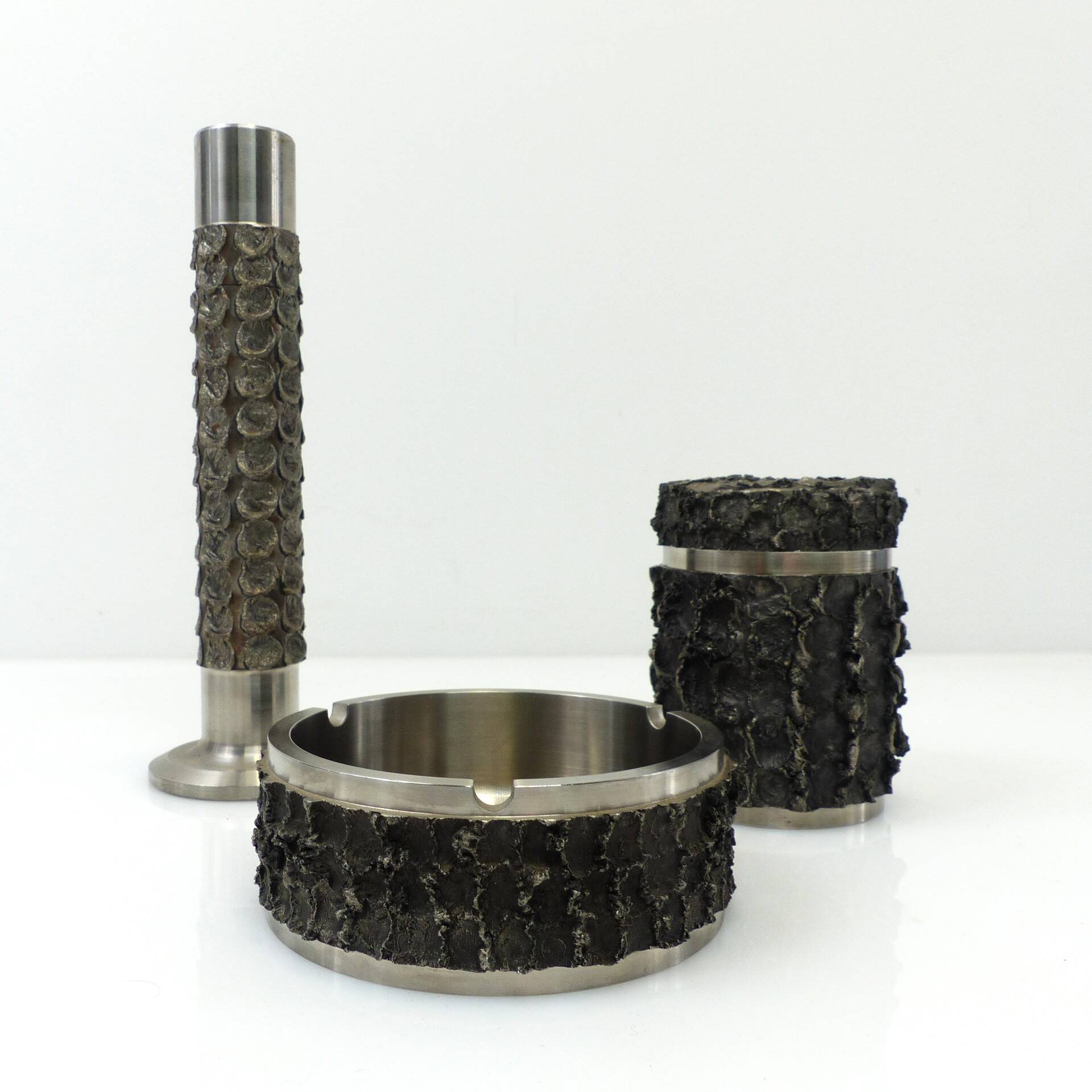 Brutalist metal BMF set – Ashtray, cigarette box and vase