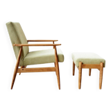 Fauteuil scandinave en bois avec repose-pieds vert olive