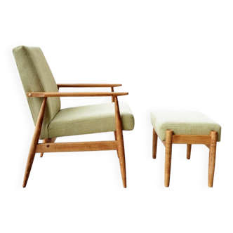 Fauteuil scandinave en bois avec repose-pieds vert olive
