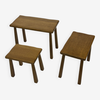 Vintage Set of 3 brutalist oak side or nesting tables 1970s