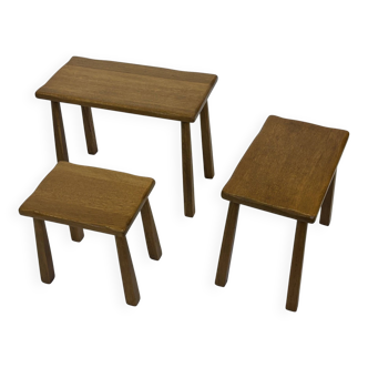 Vintage Set of 3 brutalist oak side or nesting tables 1970s