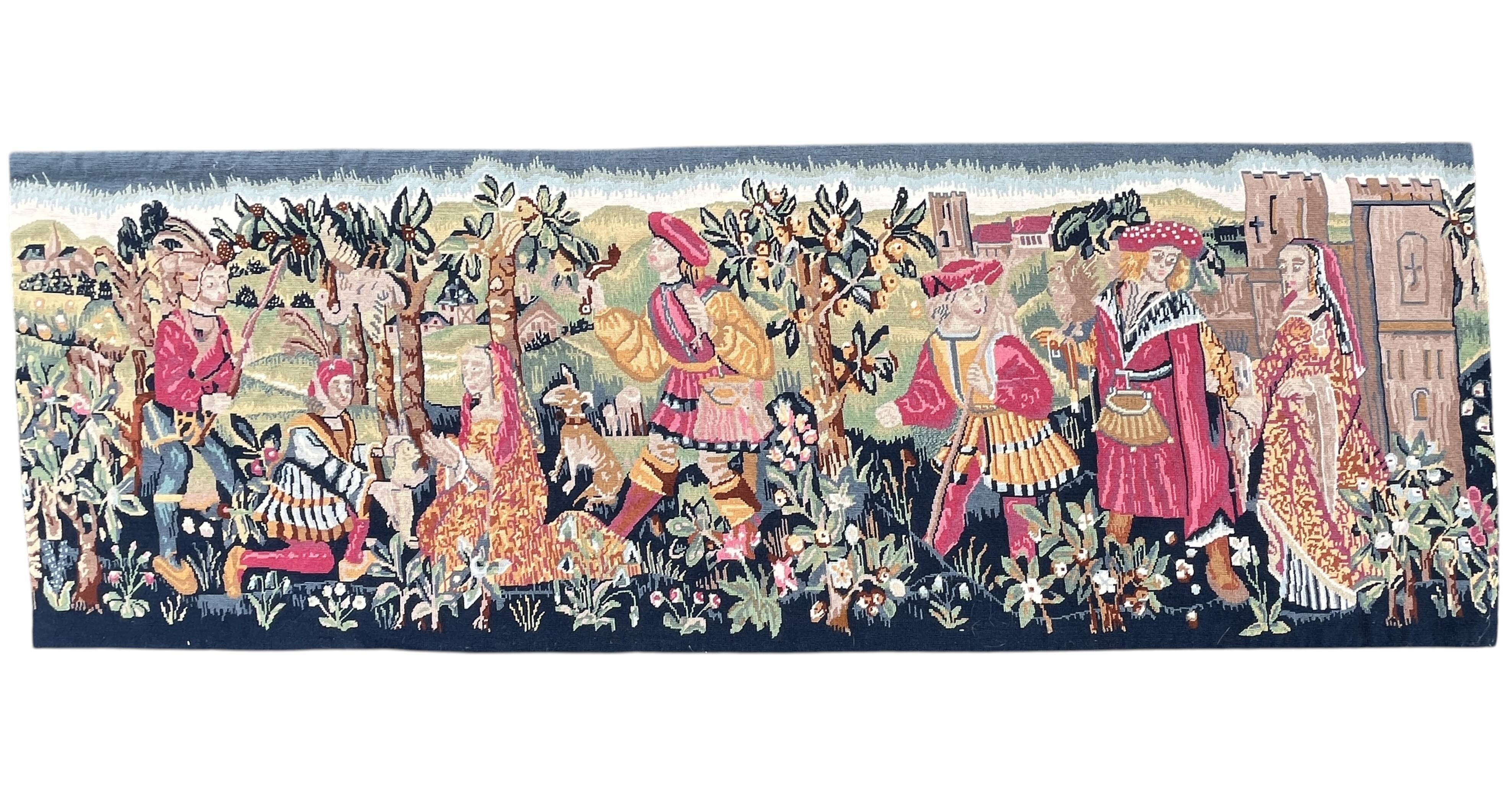 Important handwoven tapestry Medieval life 20th century