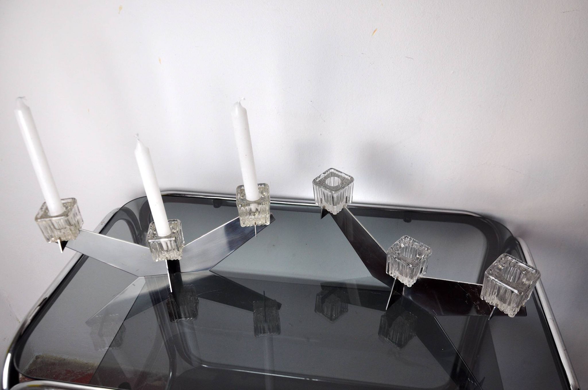Pair of Peill & Putzler candlesticks, glass and metal, Germany, 1970