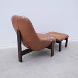 Armchair and ottoman by Jean Gillon for Probel in leather and teak, Brazil 1970