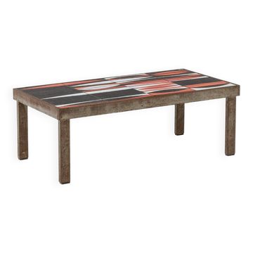 Capron. Black and red glazed stoneware 'navette' coffee table. 1960s.
