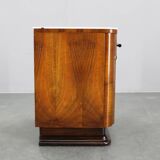 1940s night stand in walnut finish with glass top, Czechoslovakia