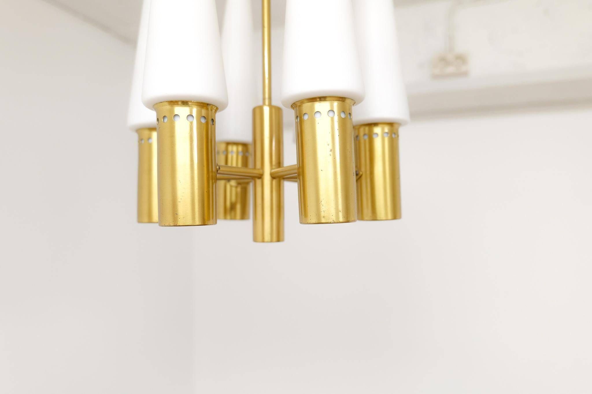 Midcentury brass and opaline ceiling lamp by Hans-Agne Jakobsson, Sweden, 1950s.
