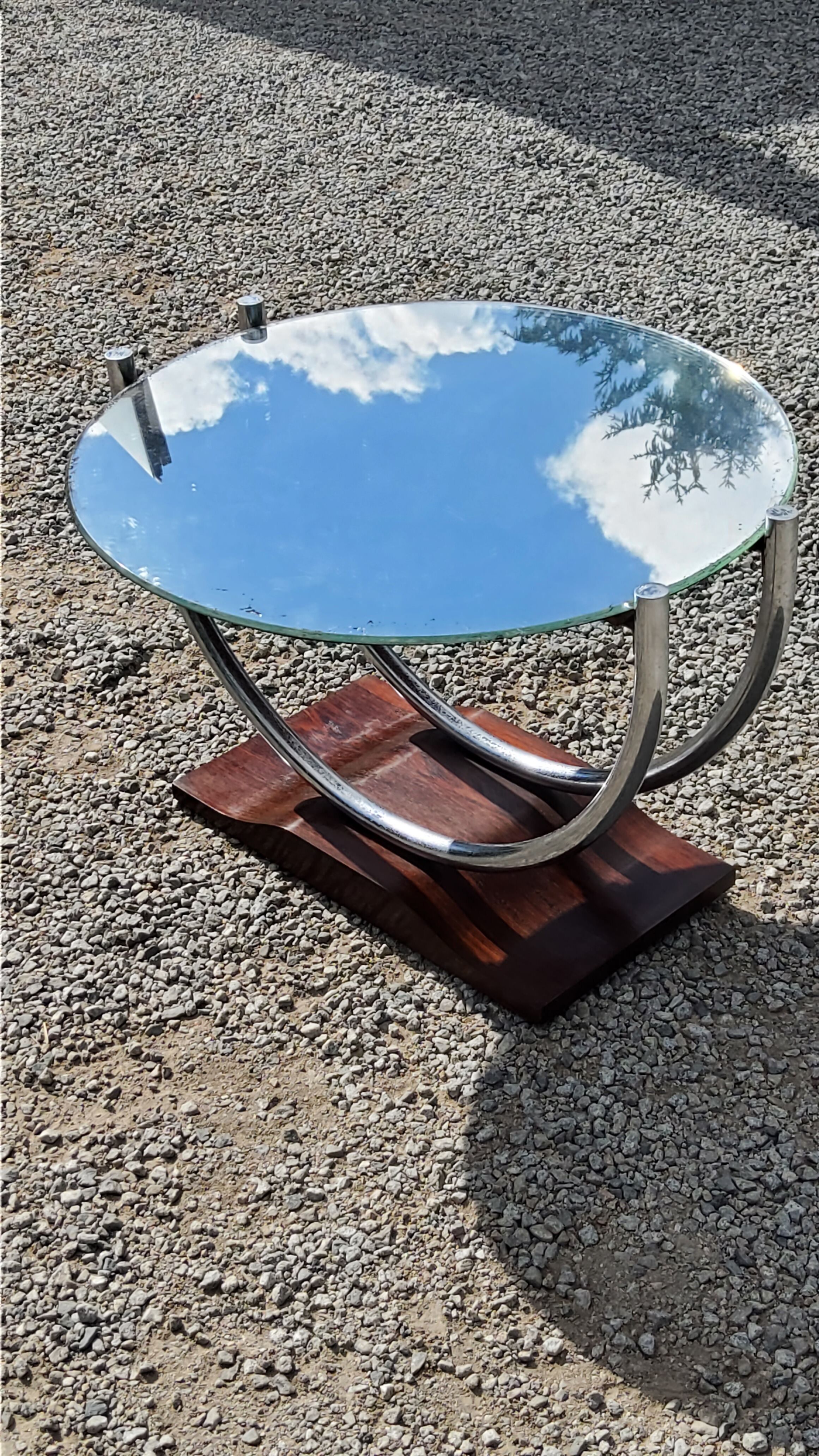 Art deco coffee table mirror base chrome and rosewood