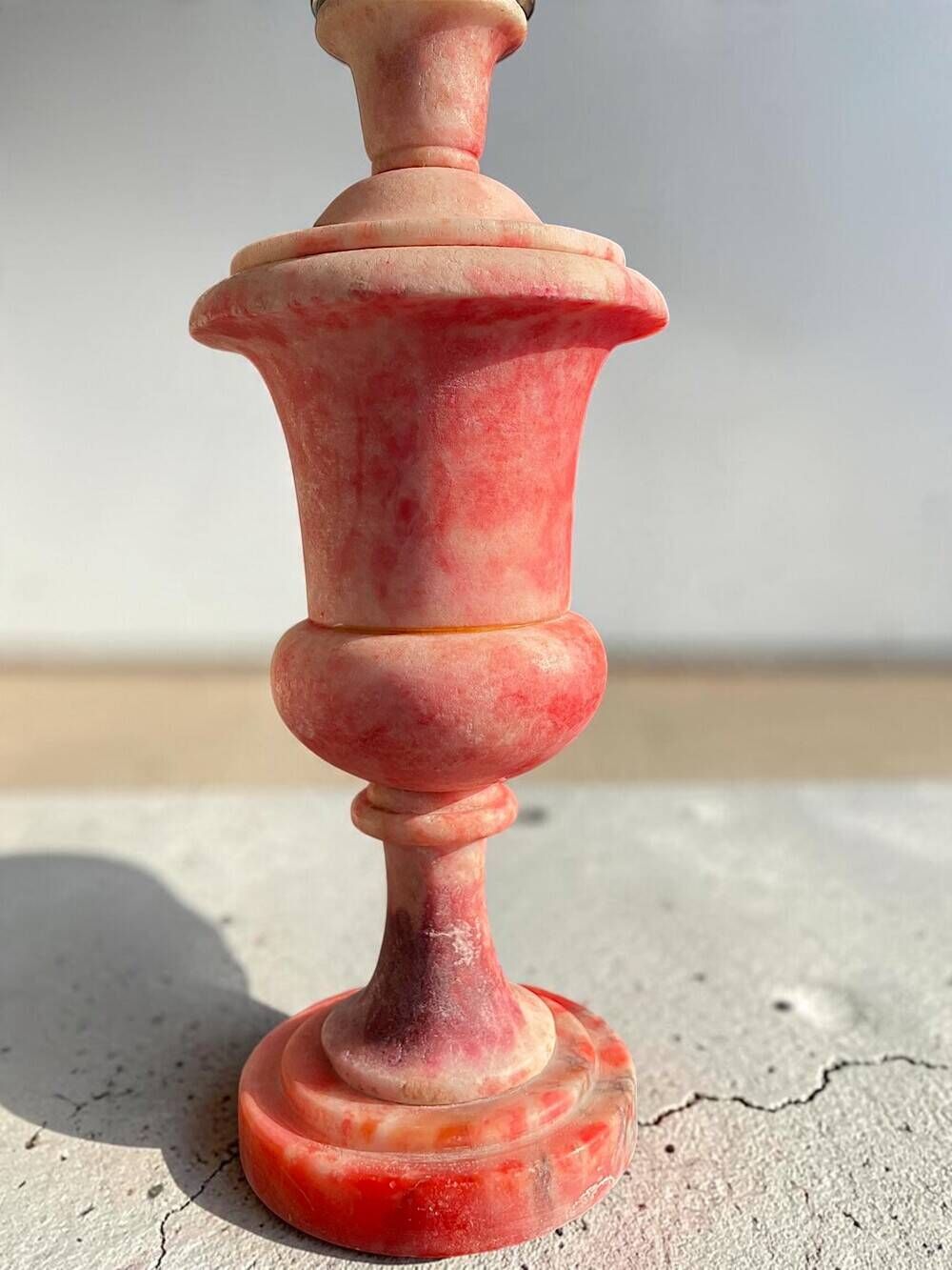 Italian hand carved pink alabaster urn lamp