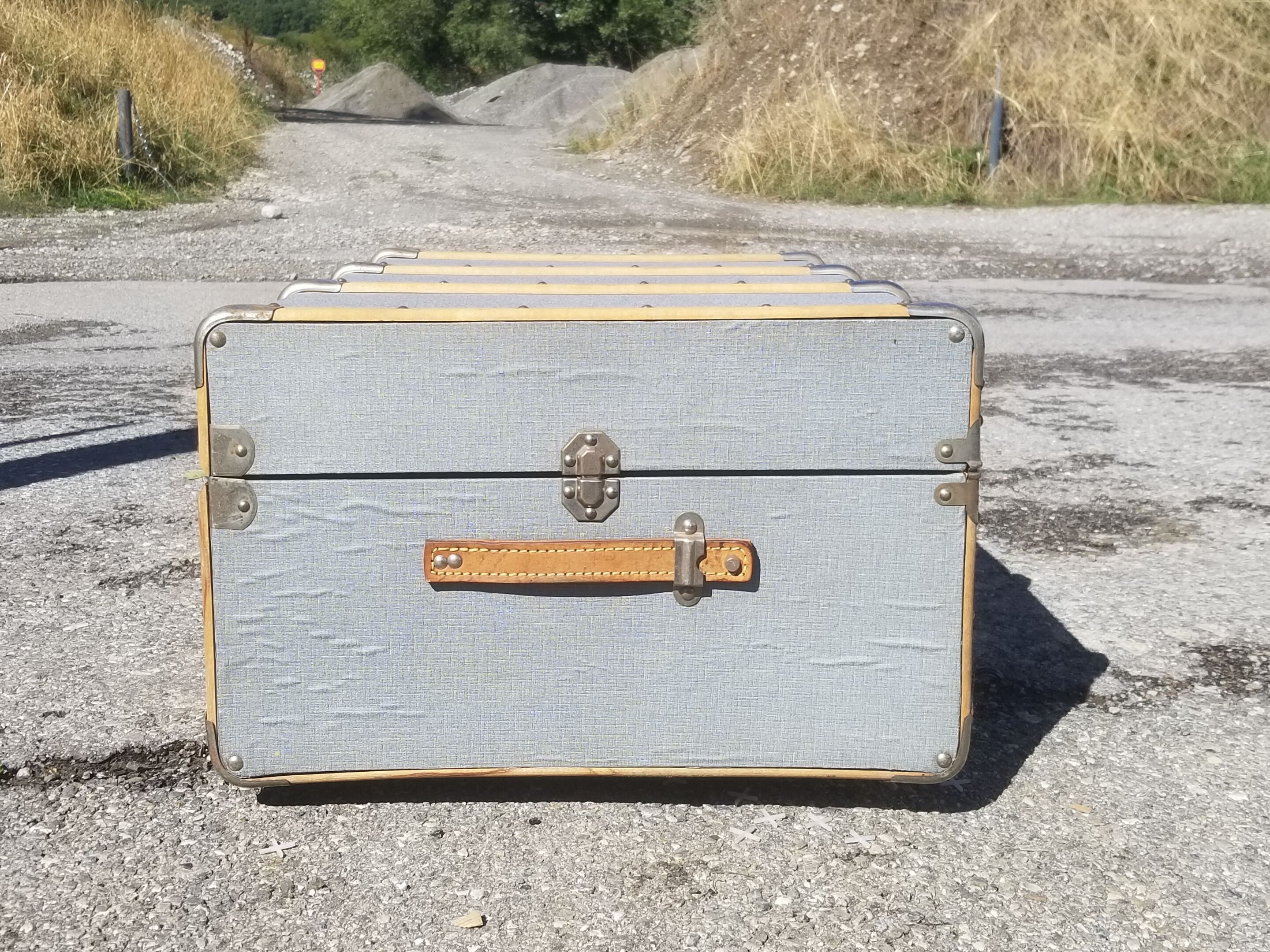Vintage wooden travel trunk stamped bagage j.m.g.é.