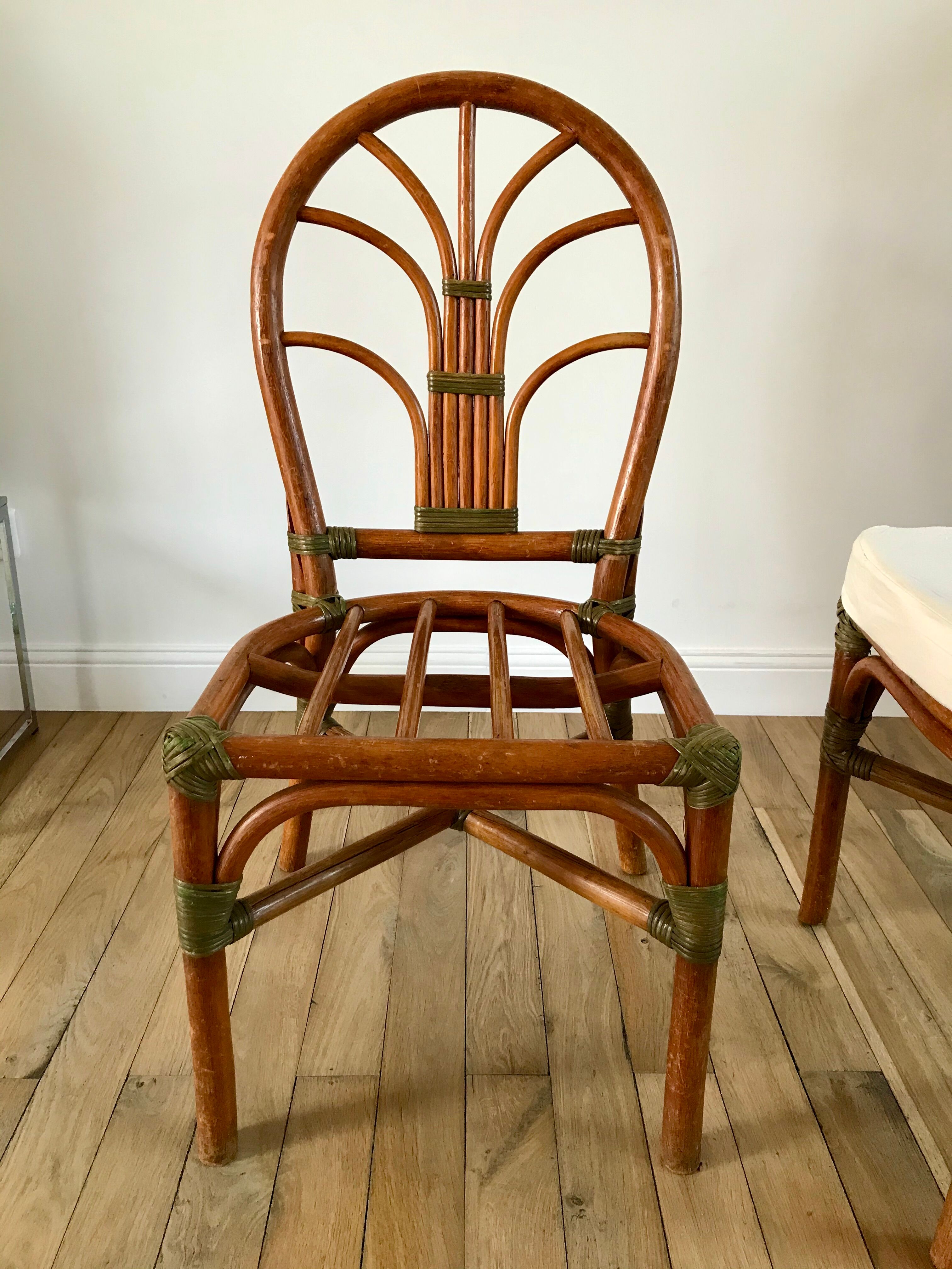 Set of 3 rattan / bamboo chairs with cushions years 1960-1970