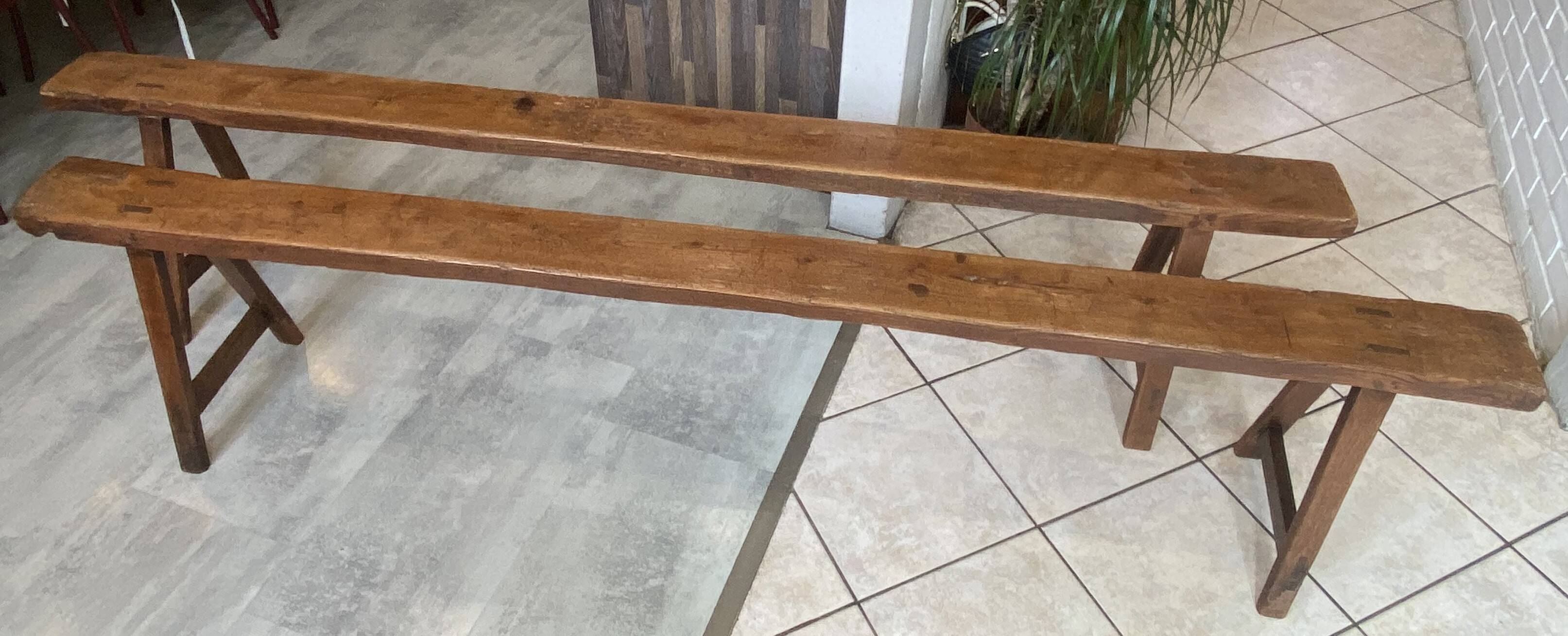 Pair of solid oak farmhouse benches 214cm for rustic table 1950