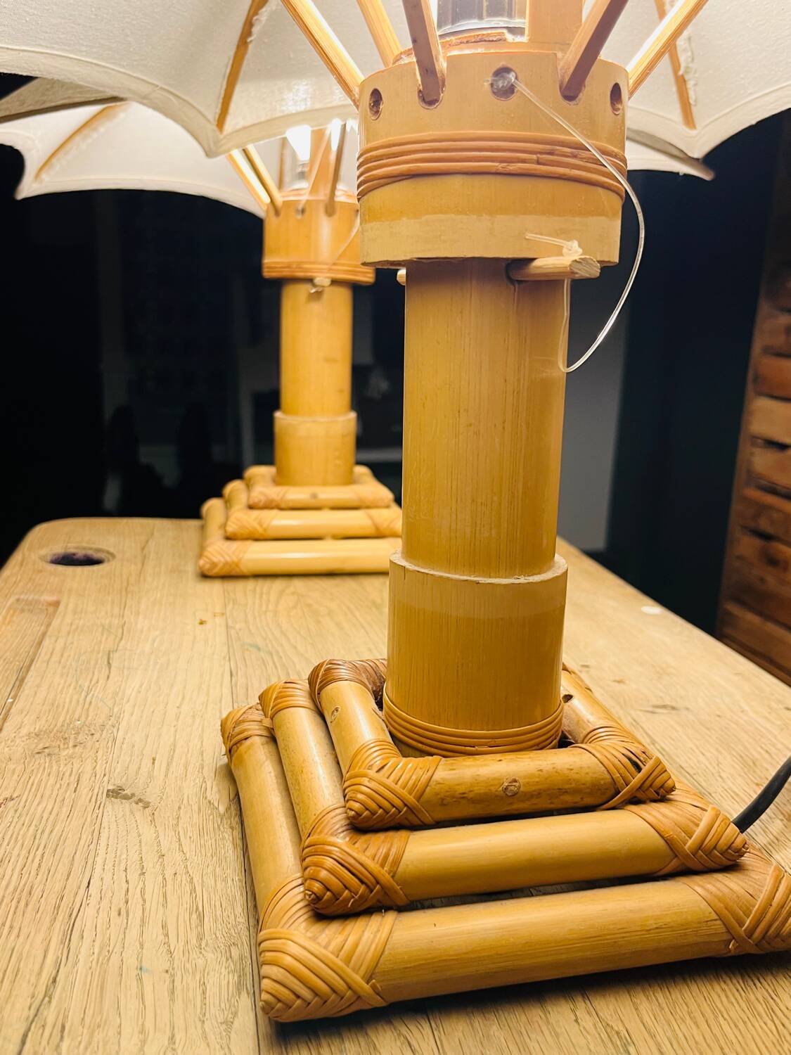 70s bamboo parasol lamps