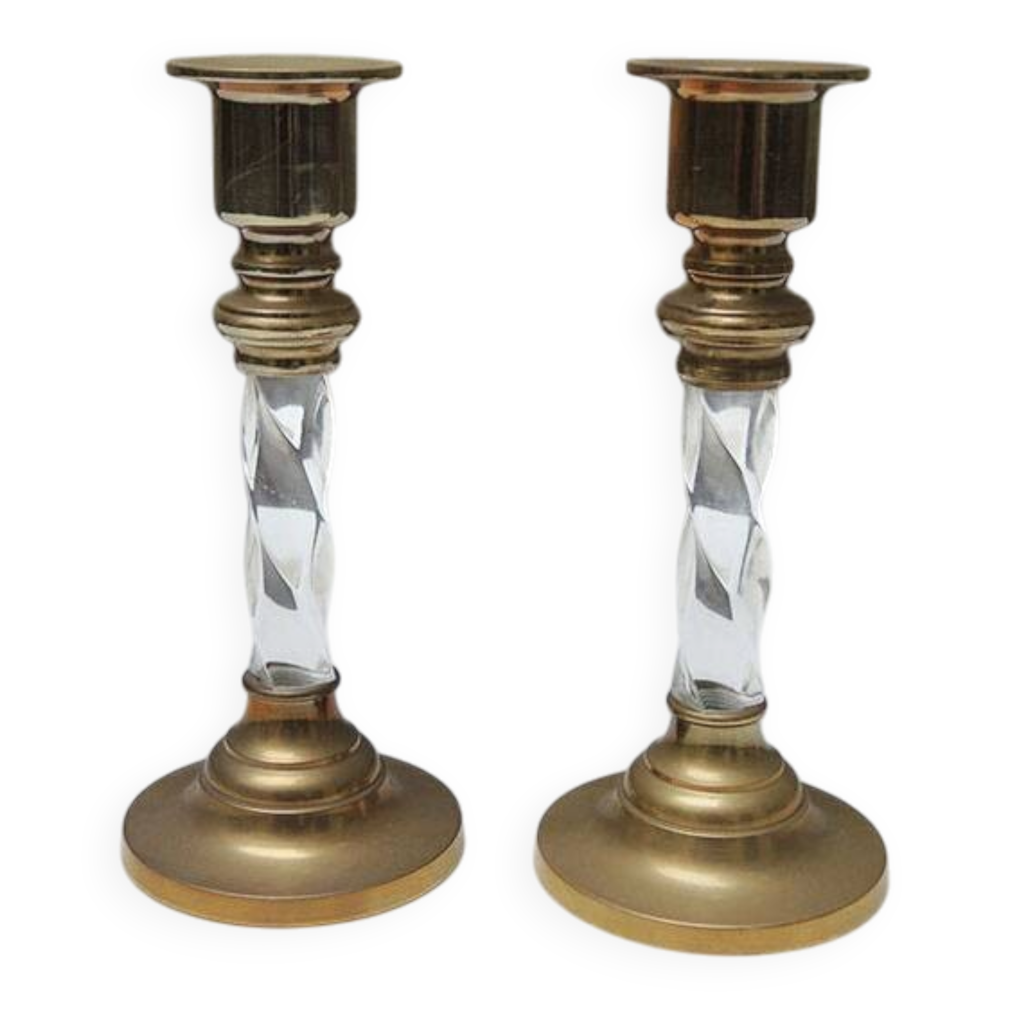 2 antique brass and twisted acrylic candlesticks