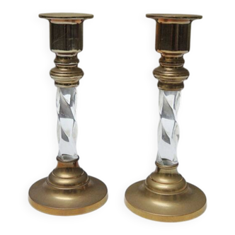 2 antique brass and twisted acrylic candlesticks